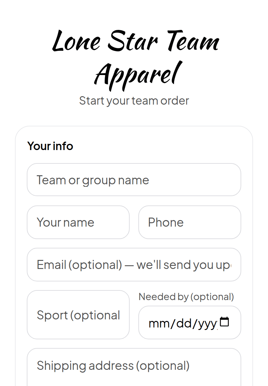 A customer order form headed with a shop's name, asking for the team name, contact details and the date it's needed.
