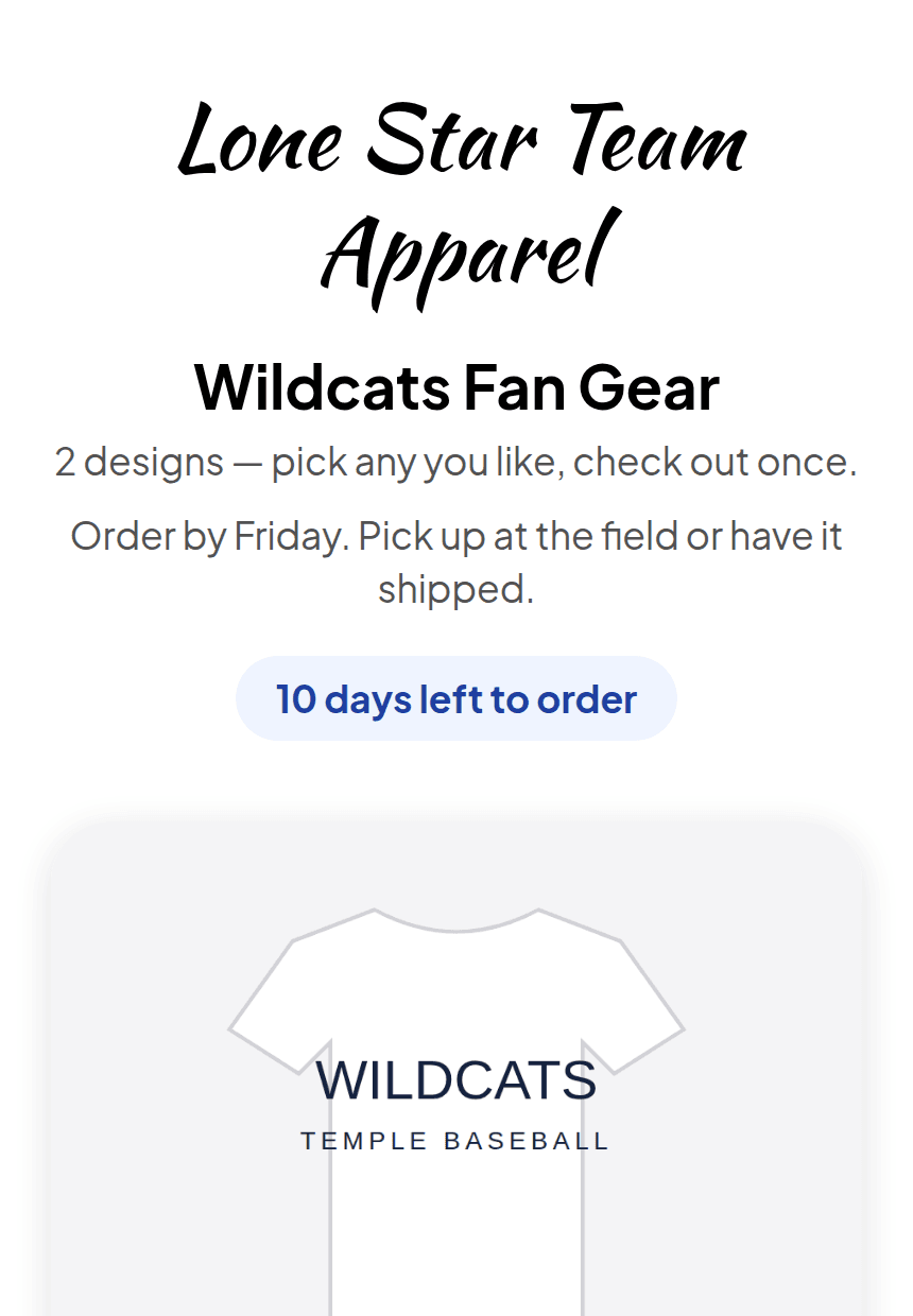 A buy-in on a phone with two designs, each with its picture, and a size grid for each item.